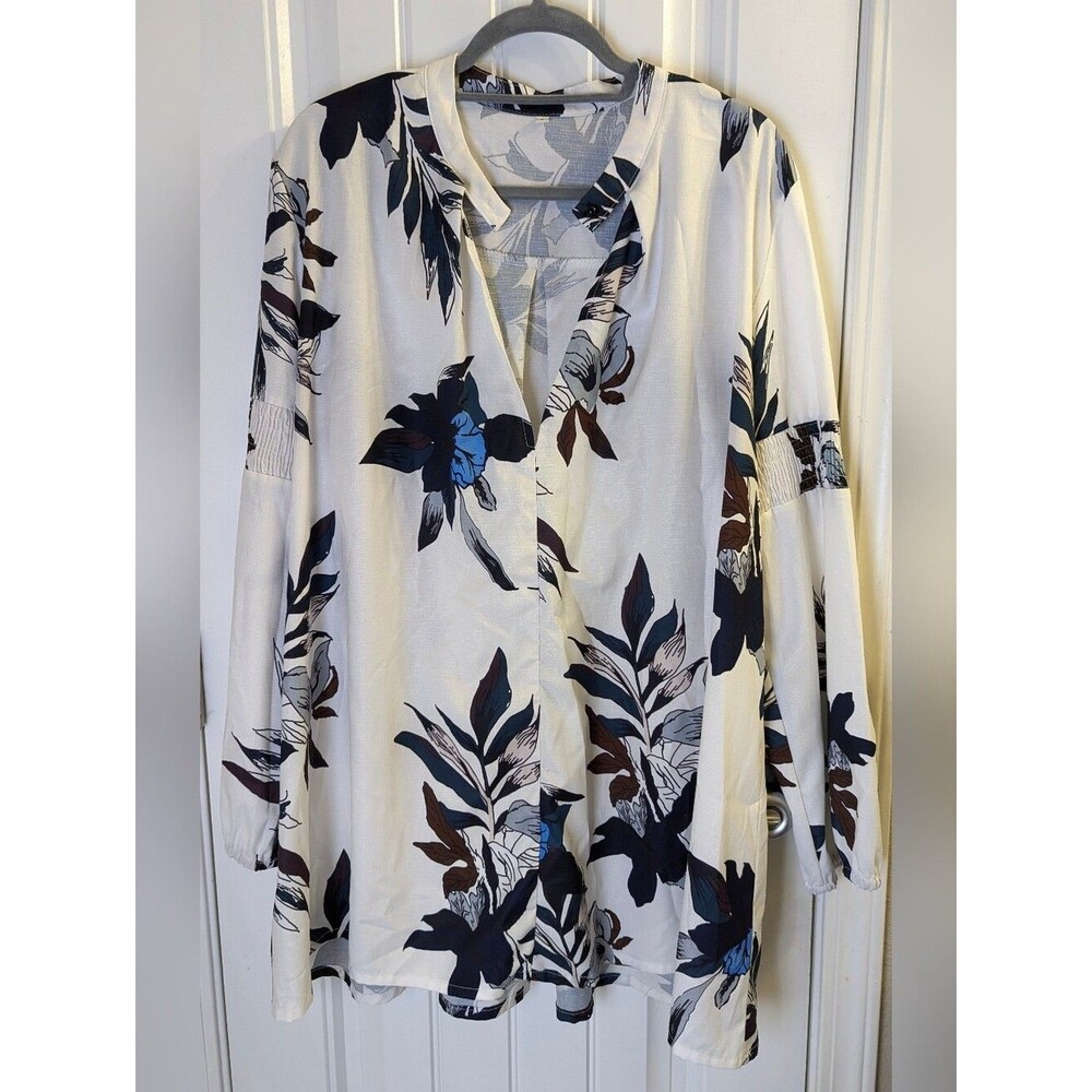 Floral V-Neck Long Sleeve Blouse Dress - White/Blue